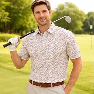 YATTA Golf Men’s L Large Tropical Palm Leaves Brown Polo Shirt Short Sleeve